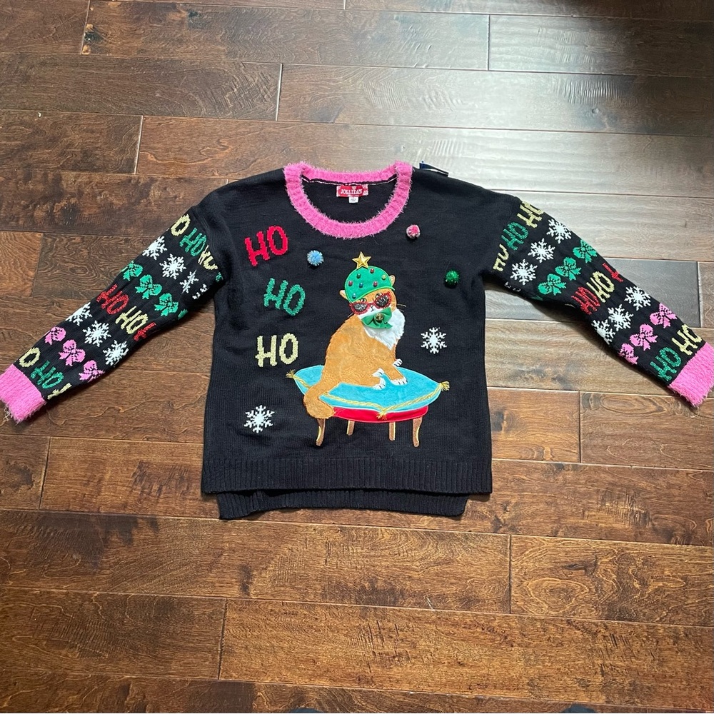 JOLLIDAYS Holiday Cat Graphic Sweater with Pink Trim Size Large - Picture 3 of 11